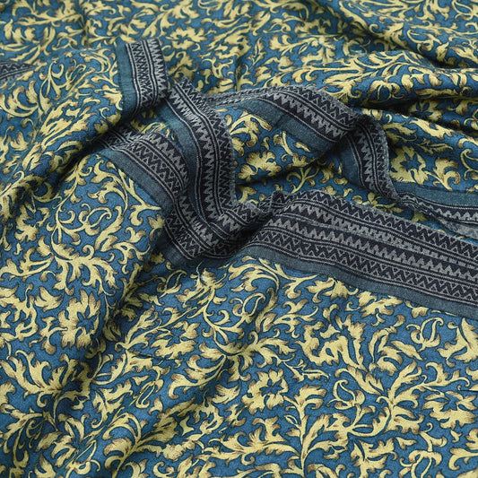 Indian Vintage Beige & Blue Saree Pure Woolen Woven Printed Sari Warm Craft Fabric 5Yd Border Dress making Crafting Designing