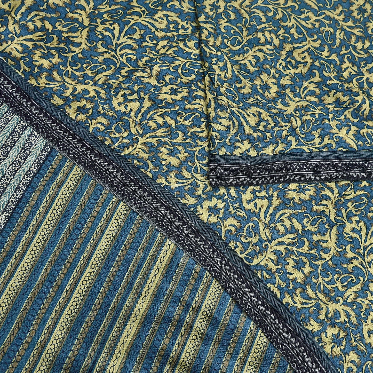 Indian Vintage Beige & Blue Saree Pure Woolen Woven Printed Sari Warm Craft Fabric 5Yd Border Dress making Crafting Designing