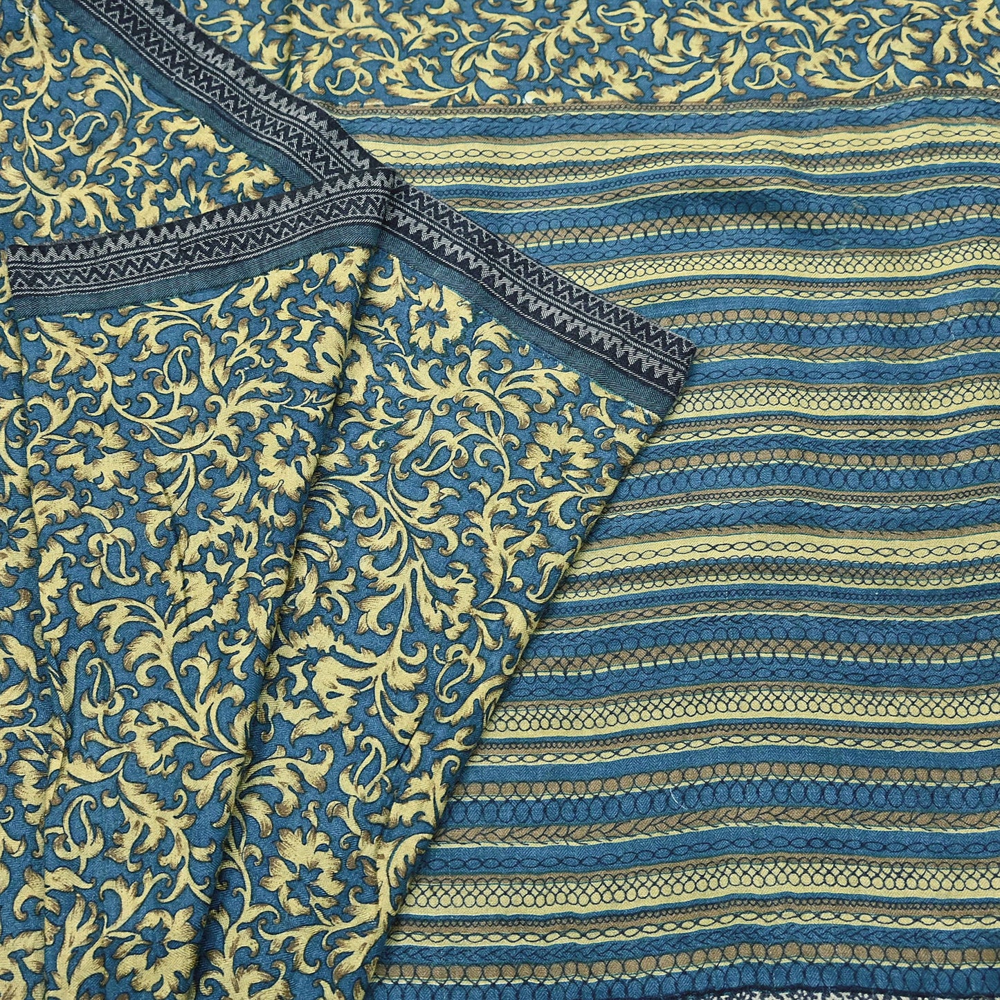 Indian Vintage Beige & Blue Saree Pure Woolen Woven Printed Sari Warm Craft Fabric 5Yd Border Dress making Crafting Designing
