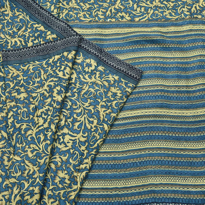 Indian Vintage Beige & Blue Saree Pure Woolen Woven Printed Sari Warm Craft Fabric 5Yd Border Dress making Crafting Designing