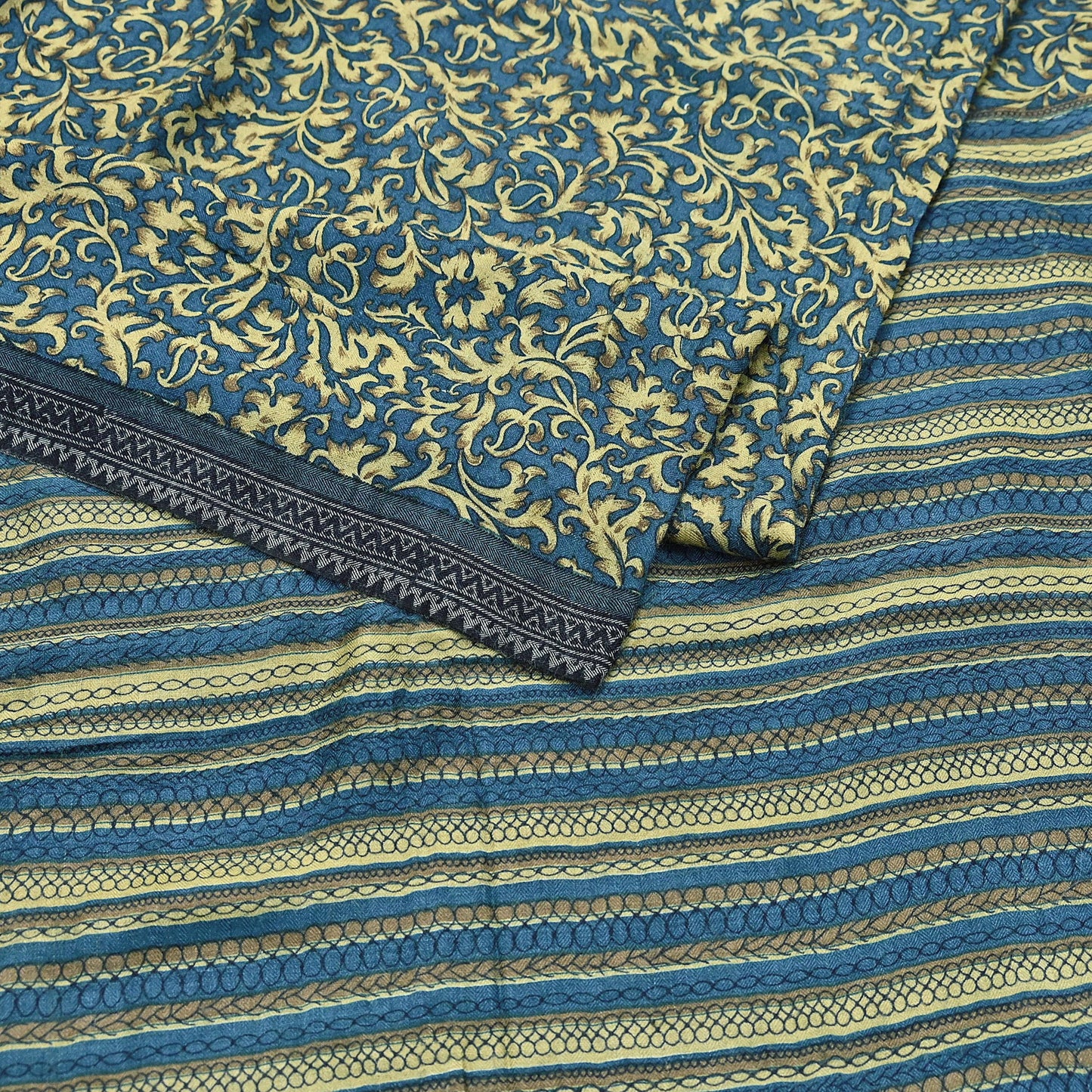 Indian Vintage Beige & Blue Saree Pure Woolen Woven Printed Sari Warm Craft Fabric 5Yd Border Dress making Crafting Designing
