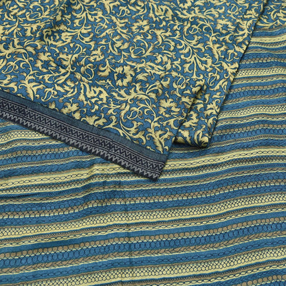 Indian Vintage Beige & Blue Saree Pure Woolen Woven Printed Sari Warm Craft Fabric 5Yd Border Dress making Crafting Designing