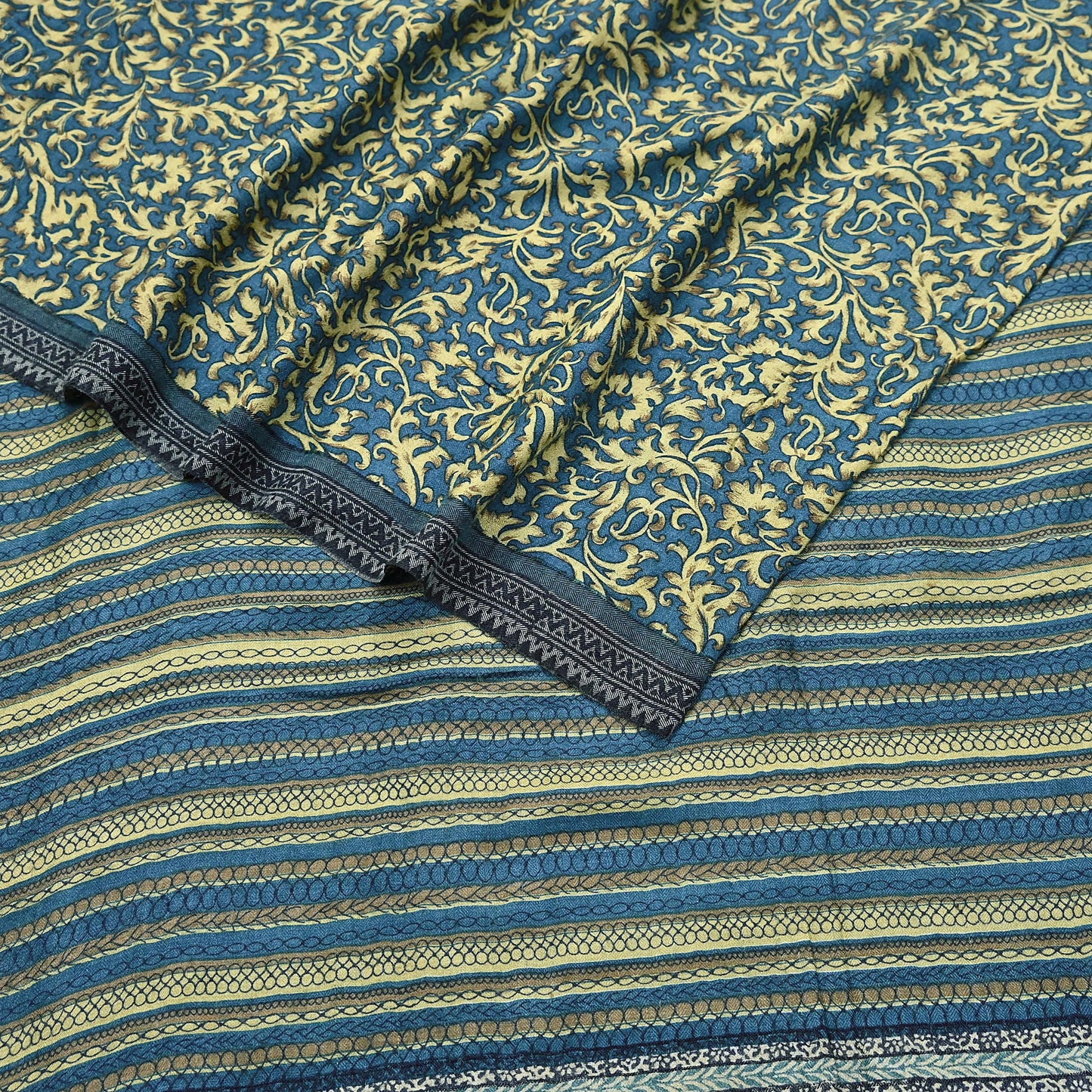 Indian Vintage Beige & Blue Saree Pure Woolen Woven Printed Sari Warm Craft Fabric 5Yd Border Dress making Crafting Designing