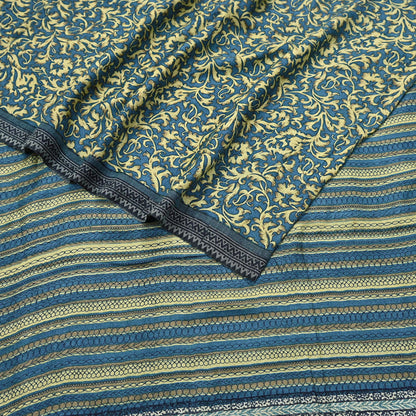 Indian Vintage Beige & Blue Saree Pure Woolen Woven Printed Sari Warm Craft Fabric 5Yd Border Dress making Crafting Designing