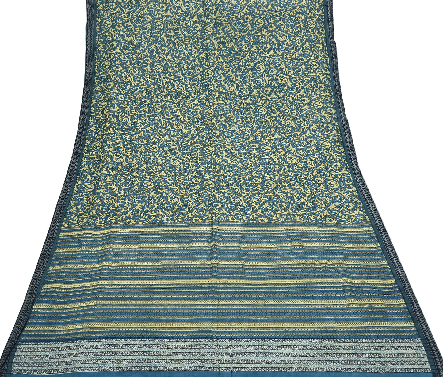Indian Vintage Beige & Blue Saree Pure Woolen Woven Printed Sari Warm Craft Fabric 5Yd Border Dress making Crafting Designing