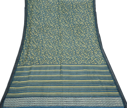 Indian Vintage Beige & Blue Saree Pure Woolen Woven Printed Sari Warm Craft Fabric 5Yd Border Dress making Crafting Designing