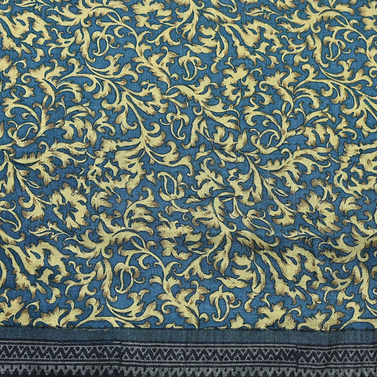 Indian Vintage Beige & Blue Saree Pure Woolen Woven Printed Sari Warm Craft Fabric 5Yd Border Dress making Crafting Designing