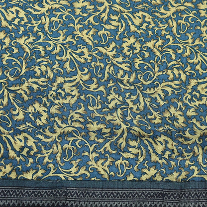 Indian Vintage Beige & Blue Saree Pure Woolen Woven Printed Sari Warm Craft Fabric 5Yd Border Dress making Crafting Designing