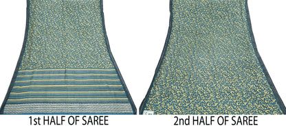Indian Vintage Beige & Blue Saree Pure Woolen Woven Printed Sari Warm Craft Fabric 5Yd Border Dress making Crafting Designing