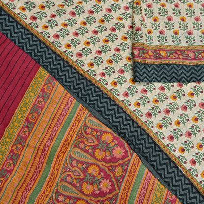 Vintage Red Beige Wool Saree Indian Pure Woolen Woven Floral Fabric 5 Yard Soft Warm Craft Material for Winter Sewing & Dressmaking