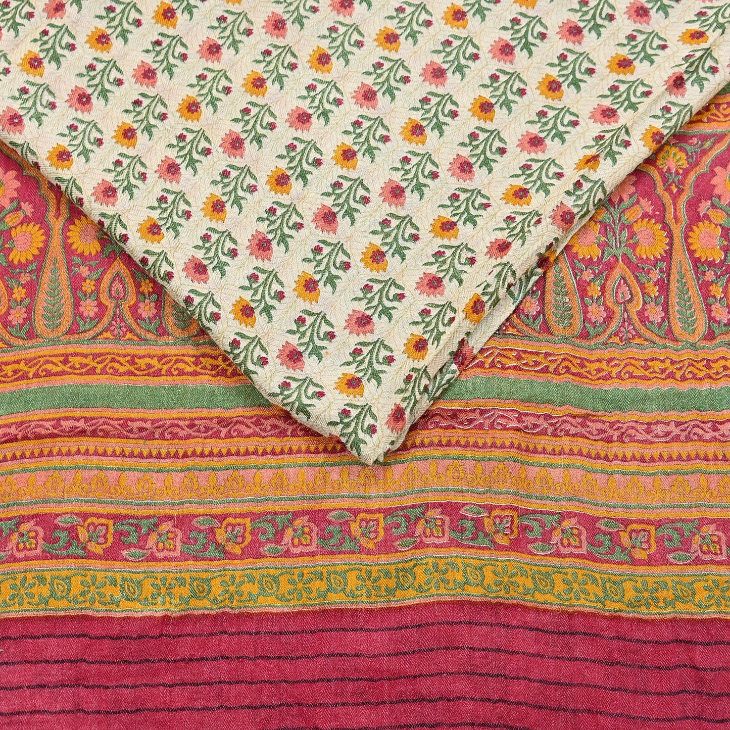Vintage Red Beige Wool Saree Indian Pure Woolen Woven Floral Fabric 5 Yard Soft Warm Craft Material for Winter Sewing & Dressmaking