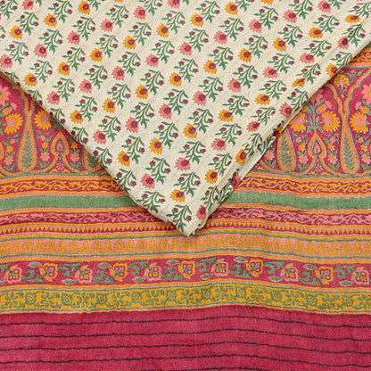 Vintage Red Beige Wool Saree Indian Pure Woolen Woven Floral Fabric 5 Yard Soft Warm Craft Material for Winter Sewing & Dressmaking