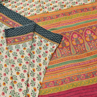 Vintage Red Beige Wool Saree Indian Pure Woolen Woven Floral Fabric 5 Yard Soft Warm Craft Material for Winter Sewing & Dressmaking