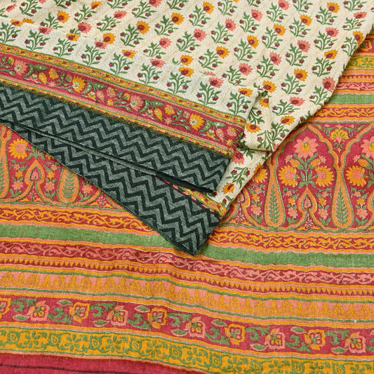 Vintage Red Beige Wool Saree Indian Pure Woolen Woven Floral Fabric 5 Yard Soft Warm Craft Material for Winter Sewing & Dressmaking