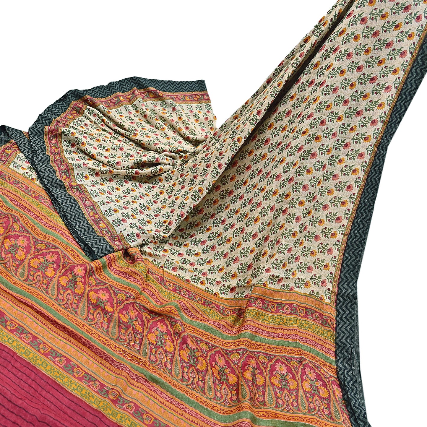 Vintage Red Beige Wool Saree Indian Pure Woolen Woven Floral Fabric 5 Yard Soft Warm Craft Material for Winter Sewing & Dressmaking