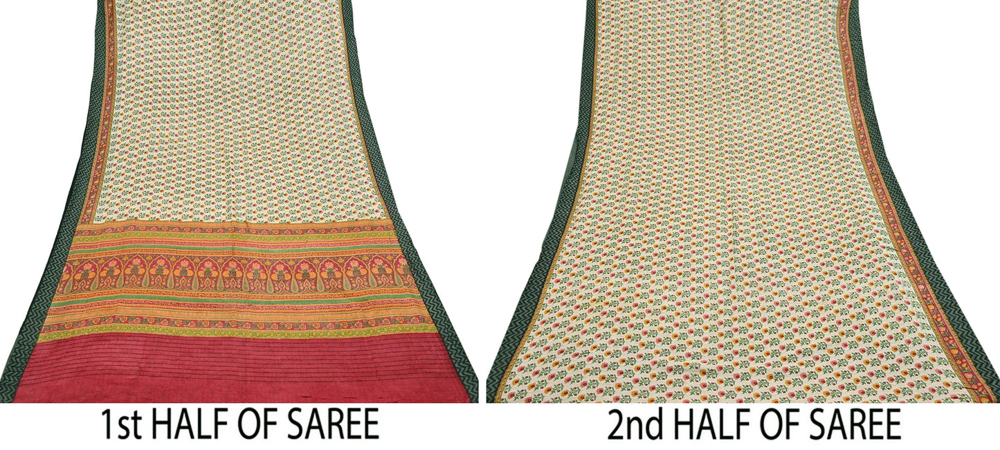 Vintage Red Beige Wool Saree Indian Pure Woolen Woven Floral Fabric 5 Yard Soft Warm Craft Material for Winter Sewing & Dressmaking