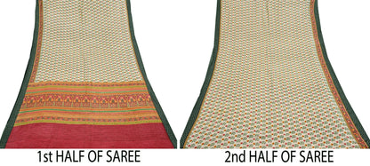 Vintage Red Beige Wool Saree Indian Pure Woolen Woven Floral Fabric 5 Yard Soft Warm Craft Material for Winter Sewing & Dressmaking