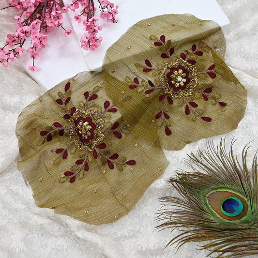 Indian Vintage Green Georgette Appliques Set of 2 Hand-Embroidered Floral Patches with Zardozi, Dabka, for Craft, Journals 7.5x7.5"