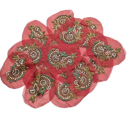 Indian Vintage Red Pure Georgette Silk Appliques Set of 5 Hand-Embroidered Floral Patches with Zardozi, Dabka, for Craft, Journals 5.5x4"