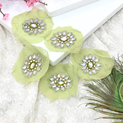 Indian Vintage Green Pure Georgette Silk Appliques Set of 5 Hand-Embroidered Patches with Zardozi, Dabka ,for Craft Journals 2x2"