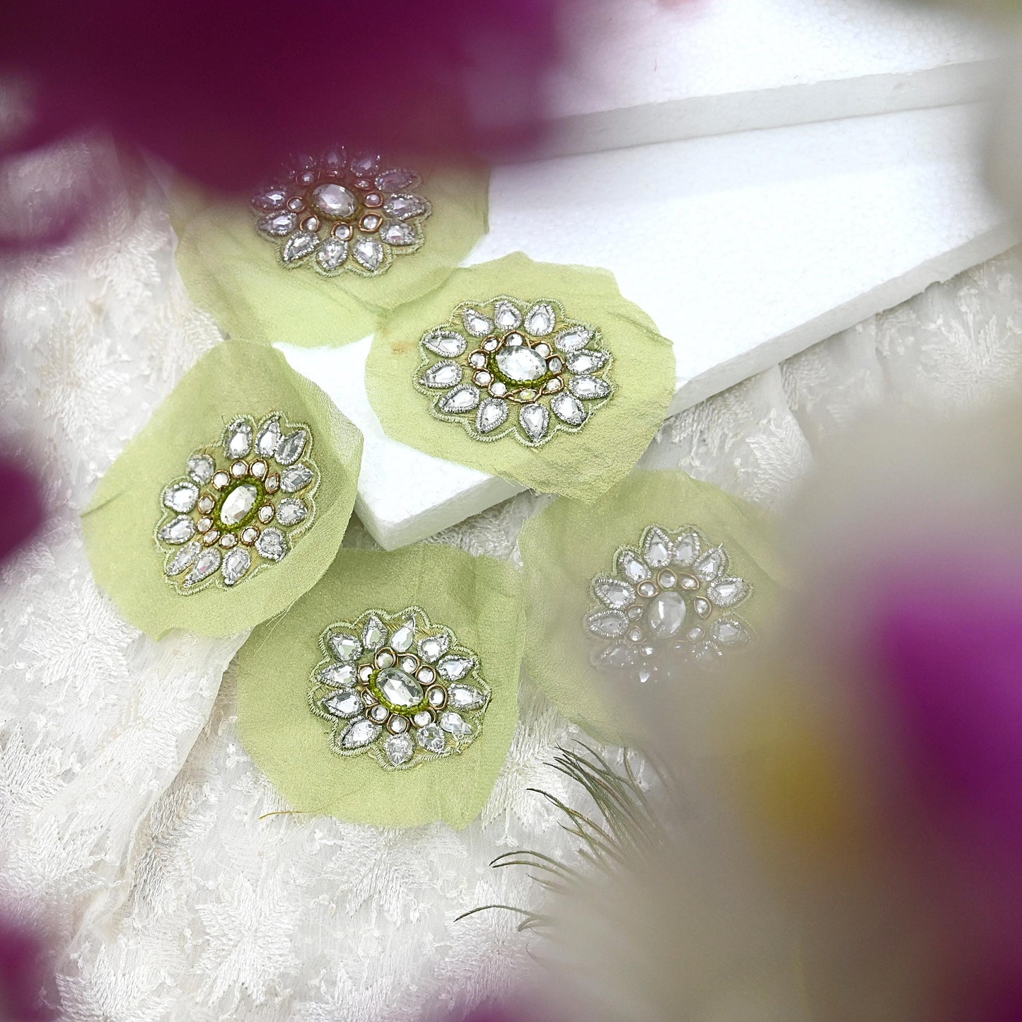 Indian Vintage Green Pure Georgette Silk Appliques Set of 5 Hand-Embroidered Patches with Zardozi, Dabka ,for Craft Journals 2x2"