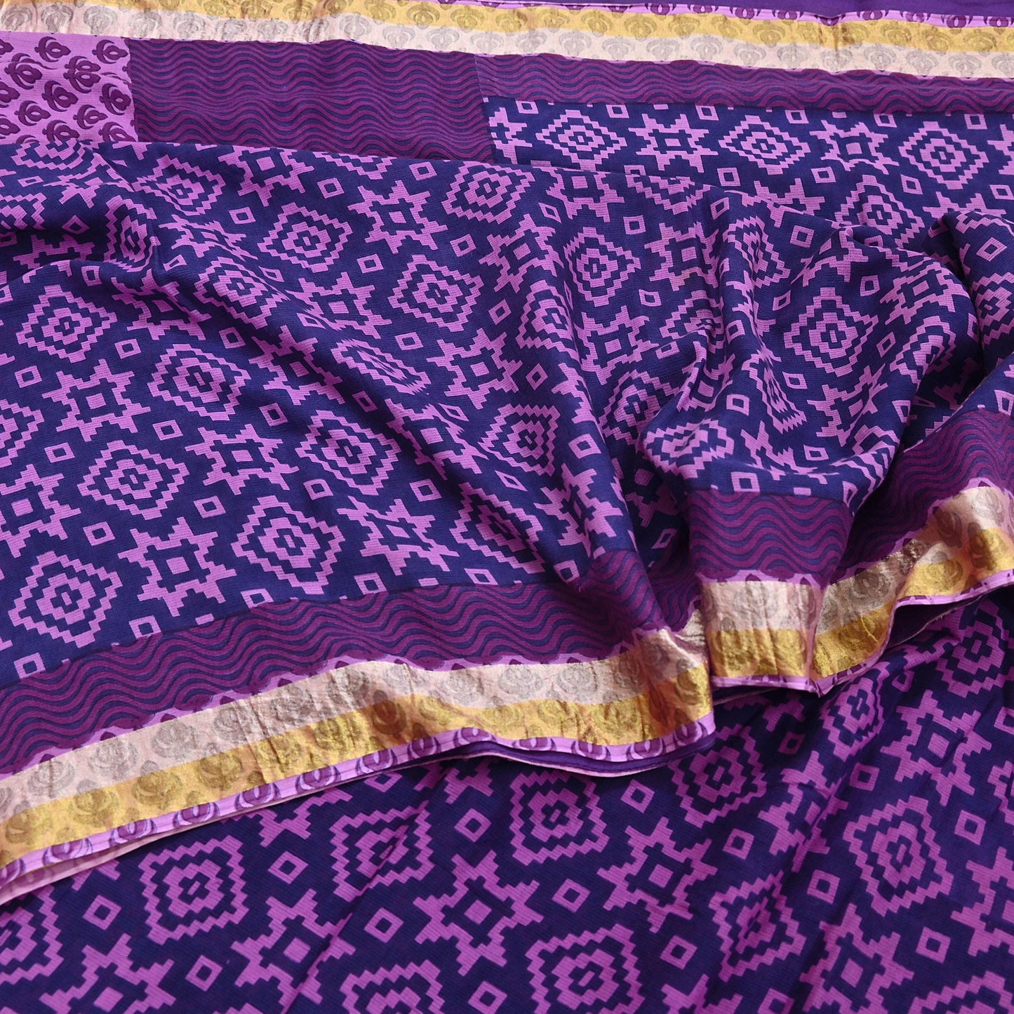 Indian Vintage Sari Blue & Purple Printed Pure Cotton Sarees Craft Fabric 5Yd Soft Sewing Sarong Wrap Boho Floral Quilting Dress making
