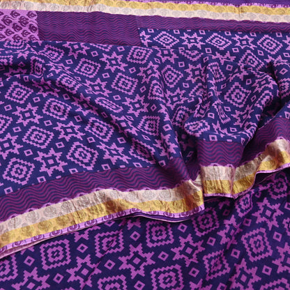Indian Vintage Sari Blue & Purple Printed Pure Cotton Sarees Craft Fabric 5Yd Soft Sewing Sarong Wrap Boho Floral Quilting Dress making
