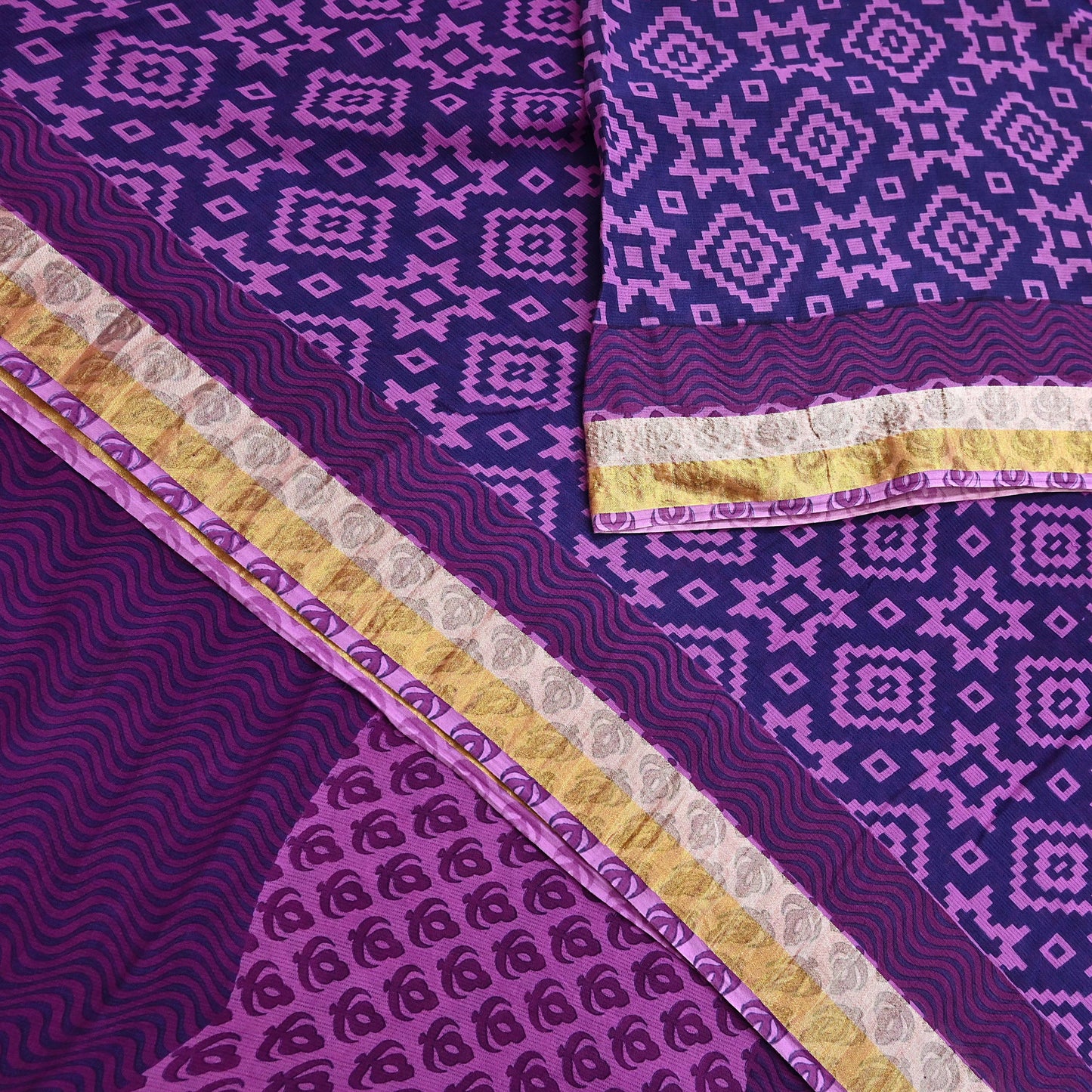 Indian Vintage Sari Blue & Purple Printed Pure Cotton Sarees Craft Fabric 5Yd Soft Sewing Sarong Wrap Boho Floral Quilting Dress making