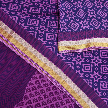 Indian Vintage Sari Blue & Purple Printed Pure Cotton Sarees Craft Fabric 5Yd Soft Sewing Sarong Wrap Boho Floral Quilting Dress making