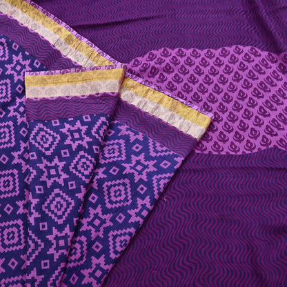 Indian Vintage Sari Blue & Purple Printed Pure Cotton Sarees Craft Fabric 5Yd Soft Sewing Sarong Wrap Boho Floral Quilting Dress making