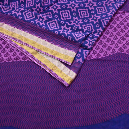 Indian Vintage Sari Blue & Purple Printed Pure Cotton Sarees Craft Fabric 5Yd Soft Sewing Sarong Wrap Boho Floral Quilting Dress making