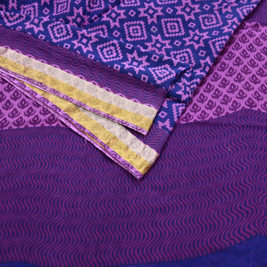 Indian Vintage Sari Blue & Purple Printed Pure Cotton Sarees Craft Fabric 5Yd Soft Sewing Sarong Wrap Boho Floral Quilting Dress making