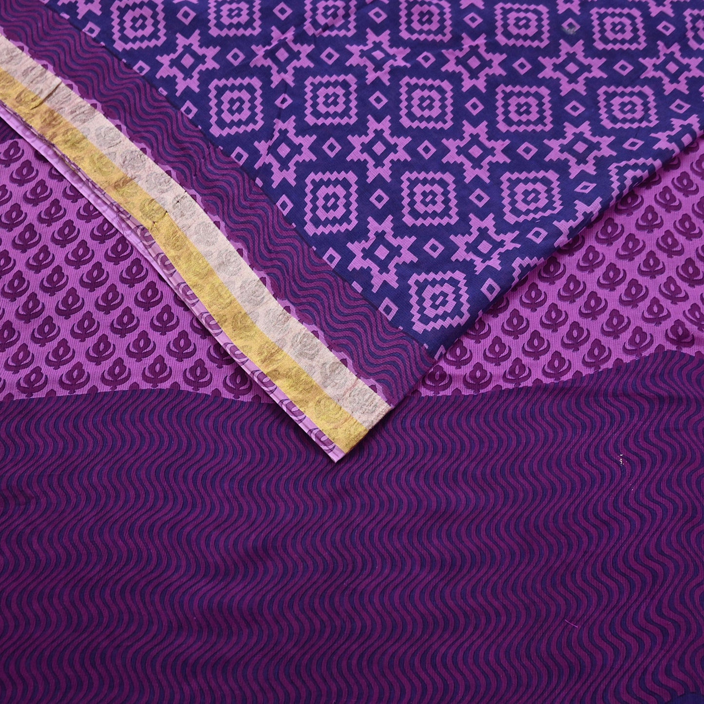 Indian Vintage Sari Blue & Purple Printed Pure Cotton Sarees Craft Fabric 5Yd Soft Sewing Sarong Wrap Boho Floral Quilting Dress making