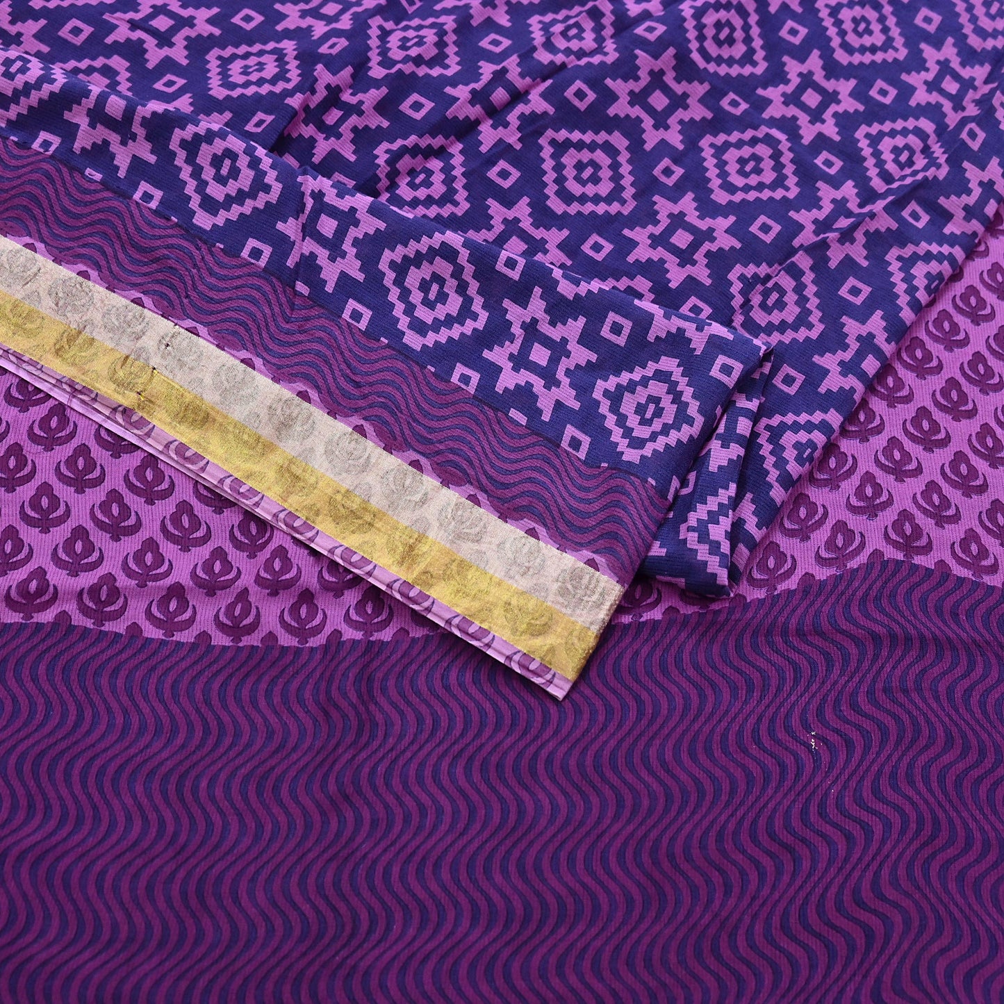 Indian Vintage Sari Blue & Purple Printed Pure Cotton Sarees Craft Fabric 5Yd Soft Sewing Sarong Wrap Boho Floral Quilting Dress making