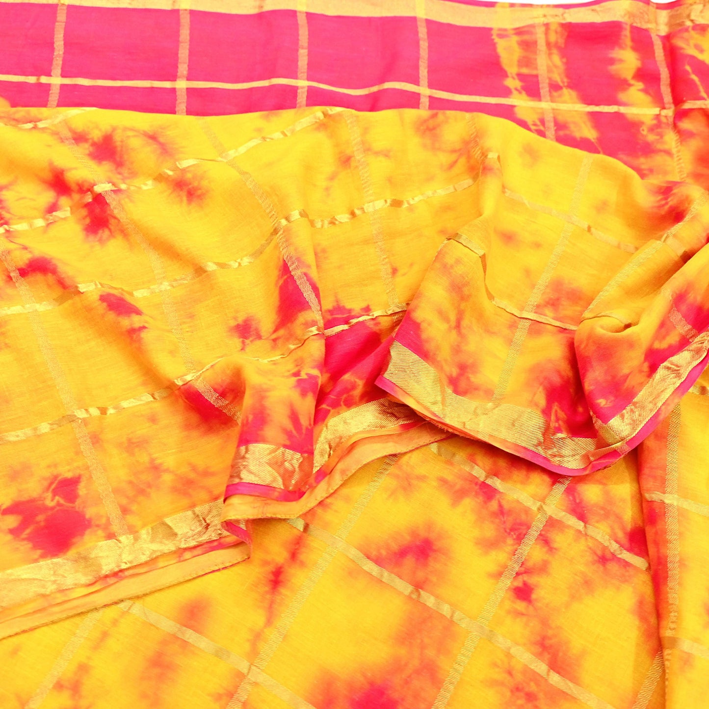 Indian Vintage Yellow & Pink Saree Pure Cotton Bandhani Print Woven Sari Craft Soft Fabric 5Yd Sewing Sarong Wrap Boho Abstract Design