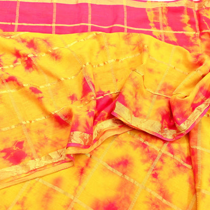 Indian Vintage Yellow & Pink Saree Pure Cotton Bandhani Print Woven Sari Craft Soft Fabric 5Yd Sewing Sarong Wrap Boho Abstract Design