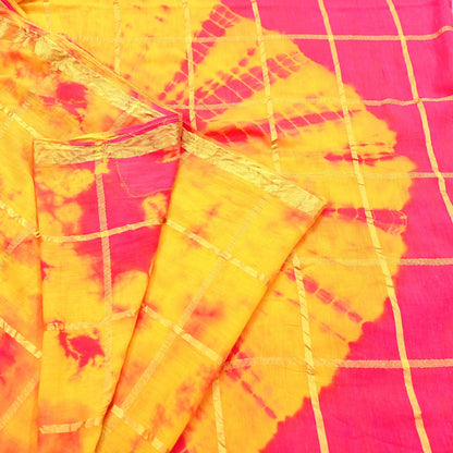 Indian Vintage Yellow & Pink Saree Pure Cotton Bandhani Print Woven Sari Craft Soft Fabric 5Yd Sewing Sarong Wrap Boho Abstract Design