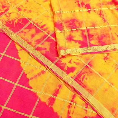 Indian Vintage Yellow & Pink Saree Pure Cotton Bandhani Print Woven Sari Craft Soft Fabric 5Yd Sewing Sarong Wrap Boho Abstract Design