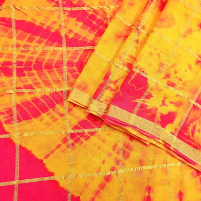 Indian Vintage Yellow & Pink Saree Pure Cotton Bandhani Print Woven Sari Craft Soft Fabric 5Yd Sewing Sarong Wrap Boho Abstract Design