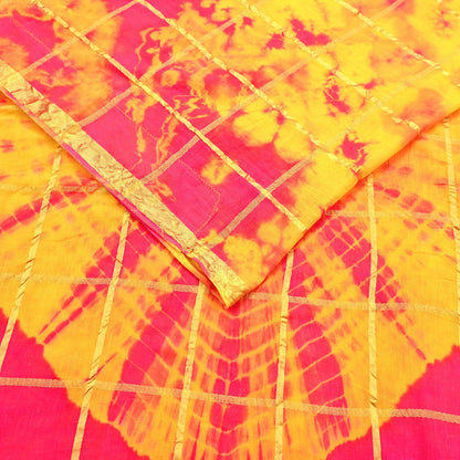 Indian Vintage Yellow & Pink Saree Pure Cotton Bandhani Print Woven Sari Craft Soft Fabric 5Yd Sewing Sarong Wrap Boho Abstract Design