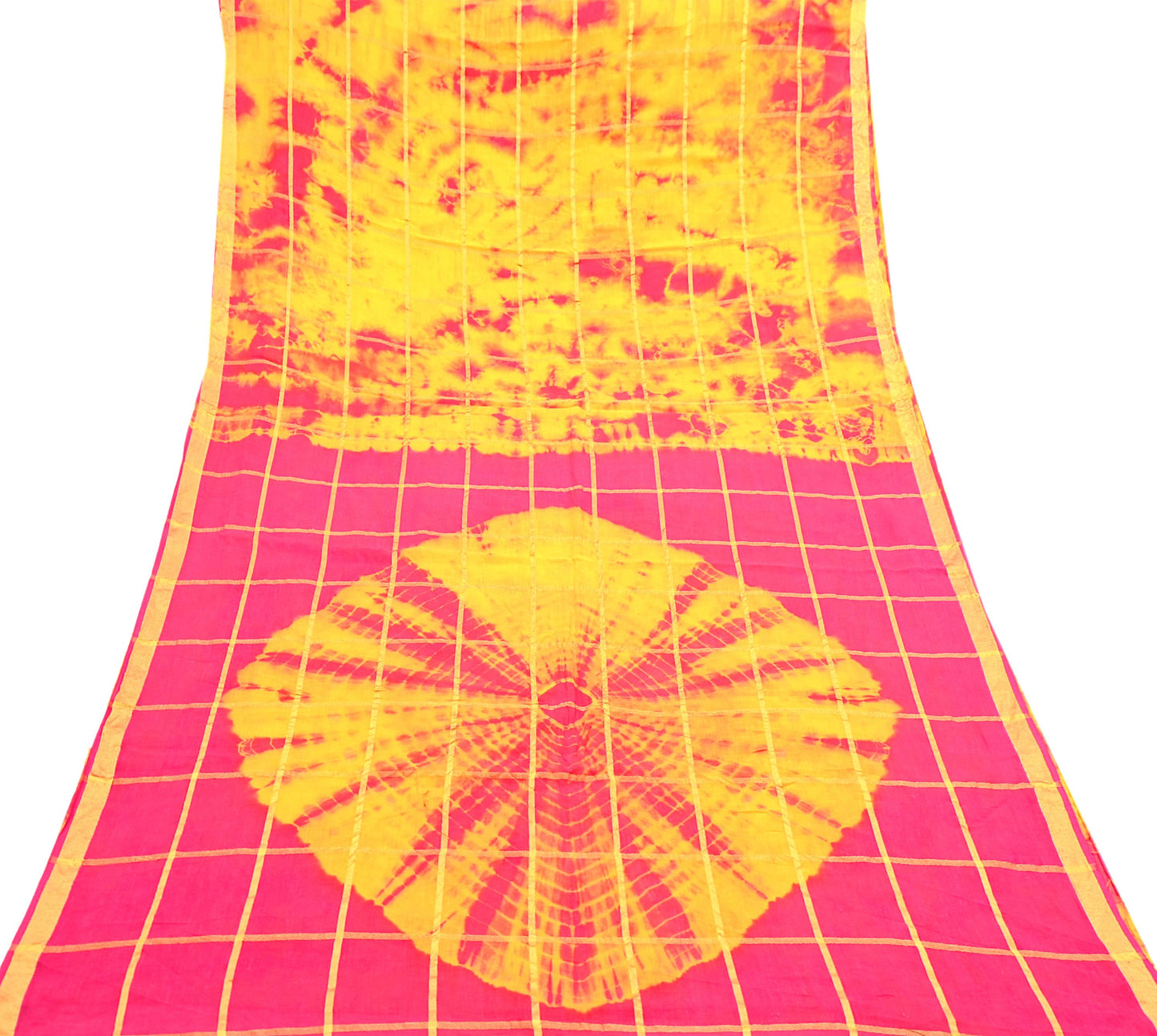 Indian Vintage Yellow & Pink Saree Pure Cotton Bandhani Print Woven Sari Craft Soft Fabric 5Yd Sewing Sarong Wrap Boho Abstract Design