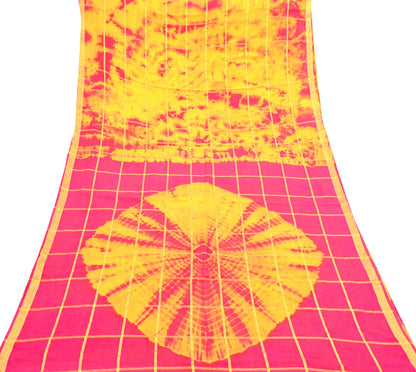 Indian Vintage Yellow & Pink Saree Pure Cotton Bandhani Print Woven Sari Craft Soft Fabric 5Yd Sewing Sarong Wrap Boho Abstract Design