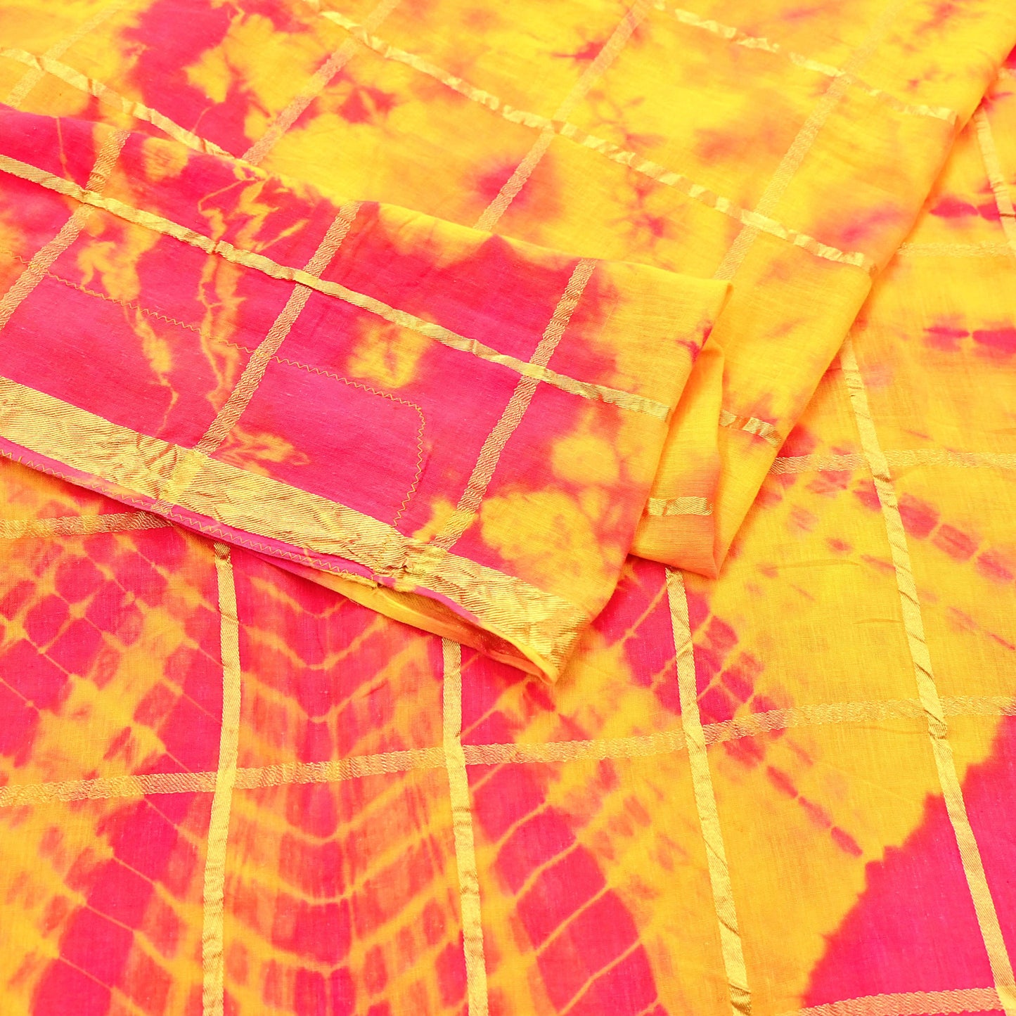 Indian Vintage Yellow & Pink Saree Pure Cotton Bandhani Print Woven Sari Craft Soft Fabric 5Yd Sewing Sarong Wrap Boho Abstract Design