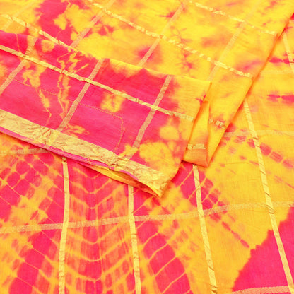 Indian Vintage Yellow & Pink Saree Pure Cotton Bandhani Print Woven Sari Craft Soft Fabric 5Yd Sewing Sarong Wrap Boho Abstract Design
