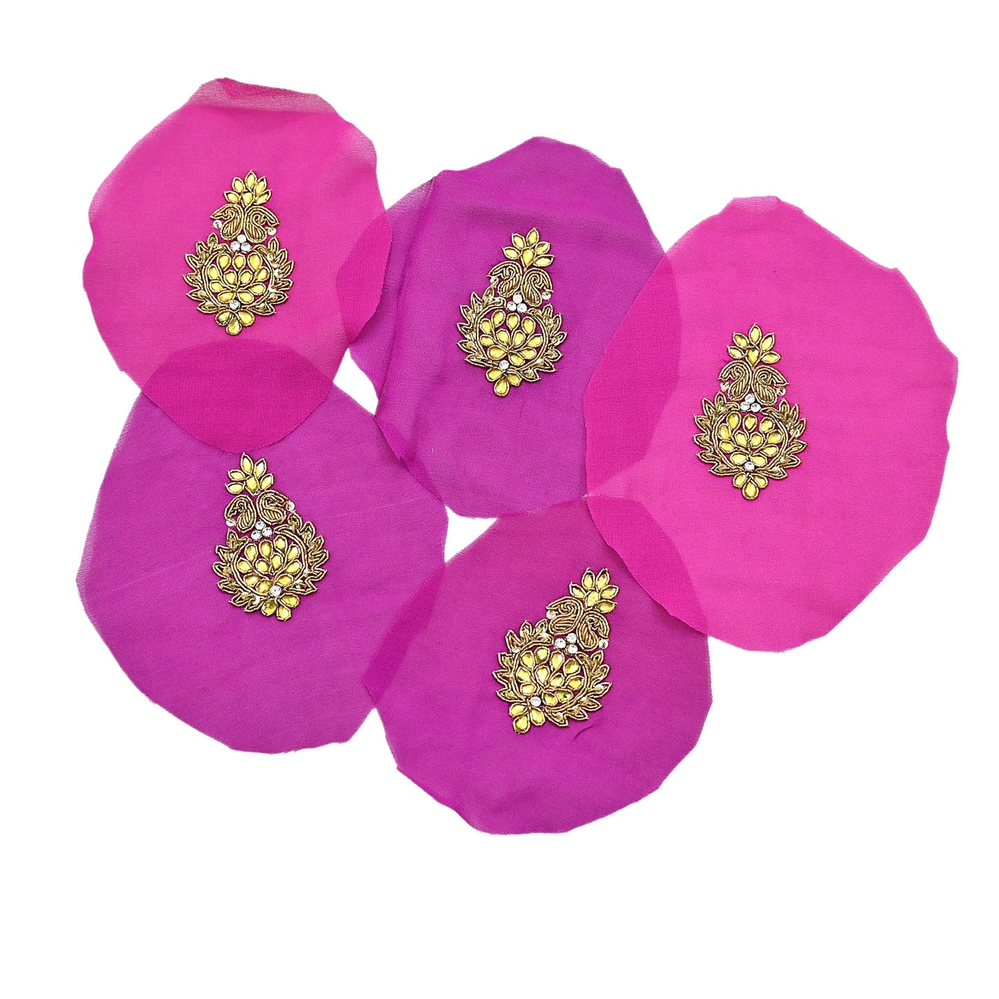 Indian Vintage Purple Pink Pure Georgette Silk Appliques Set of 10 Hand-Embroidered Patches with Zardozi Dabka for Craft Journals 2.5x1.5"