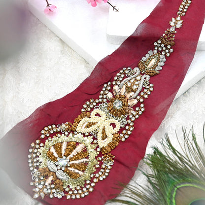 Indian Vintage Red Pure Georgette Silk Appliques Set of 1 Hand-Embroidered Patches with Zardozi, Dabka ,for Craft Journals 14.5x4"