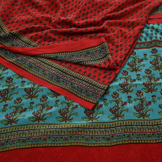 Indian Vintage Green & Orange Pure Crepe Silk Saree Floral Block Print 5 Yards Soft Sewing Fabric for Dressmaking, Quilting, Crafting