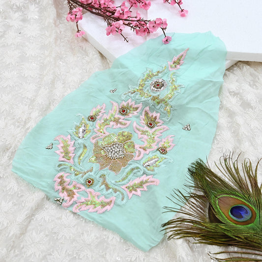 Indian Vintage Green Pure Georgette Silk Appliques Set of 1 Hand-Embroidered Floral Patches with Zardozi, Dabka for Craft, Journals 14x7.5"