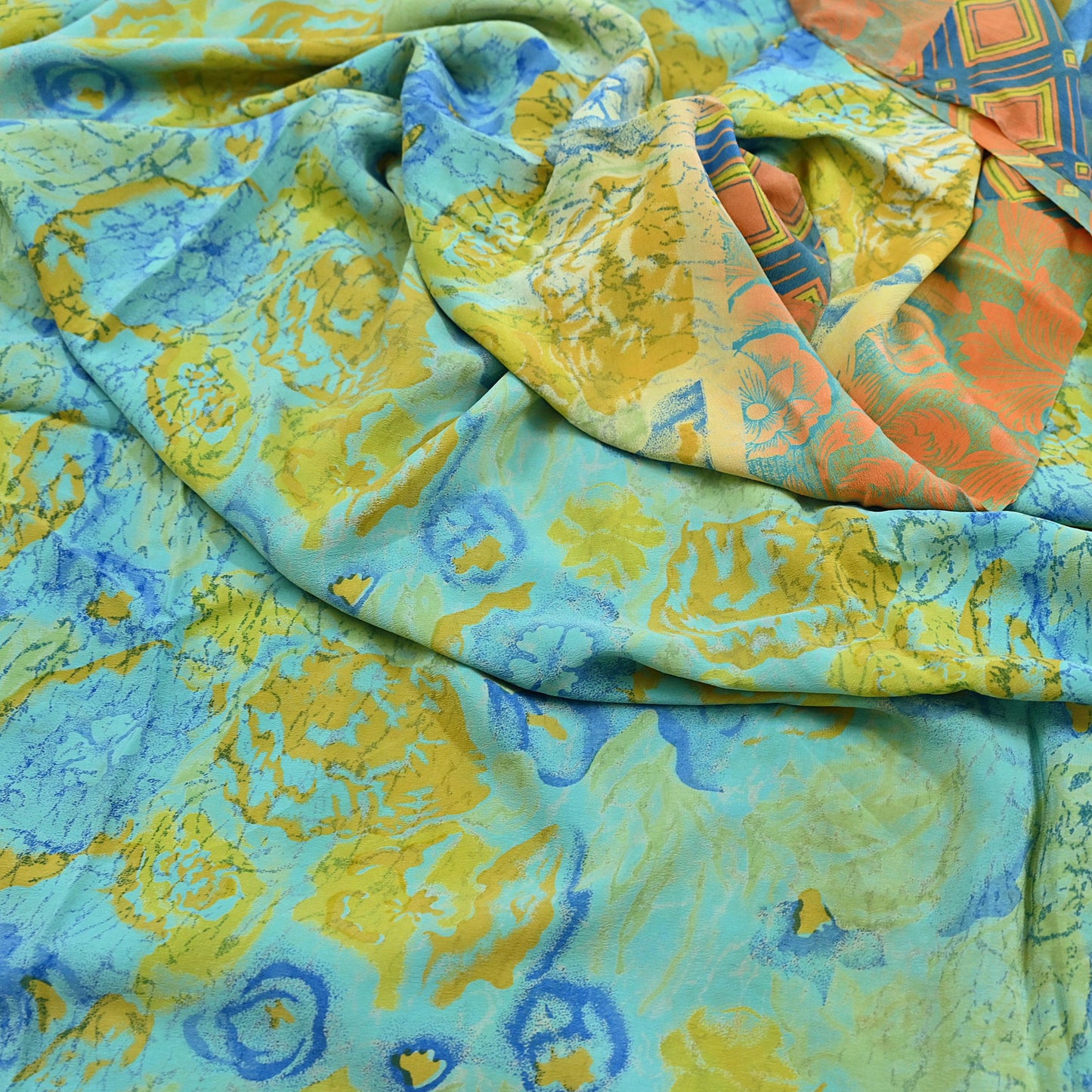 Indian Vintage Sari Green & orange Pure Crepe Silk Block Printed Sarees 6yd Sewing Floral Craft Fabric Wrap Dress Making Crafting Quilting