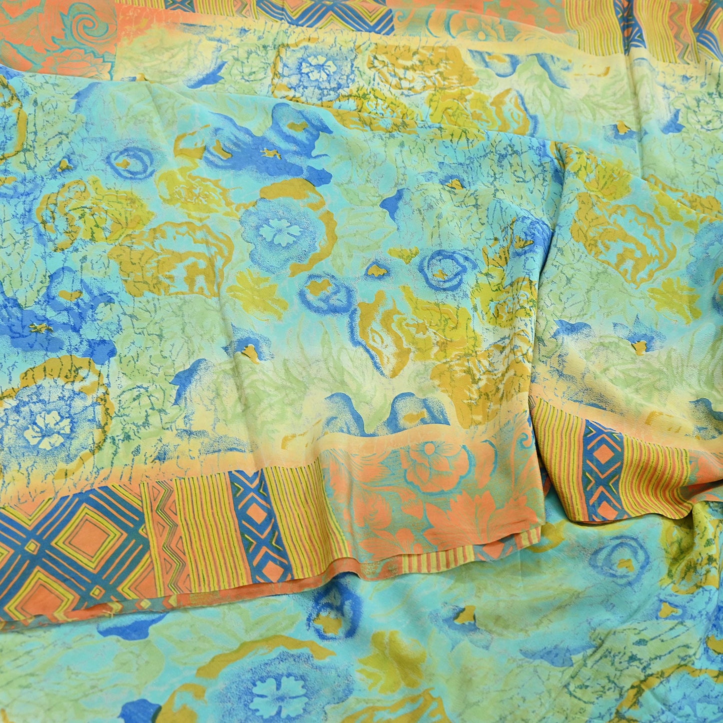 Indian Vintage Sari Green & orange Pure Crepe Silk Block Printed Sarees 6yd Sewing Floral Craft Fabric Wrap Dress Making Crafting Quilting